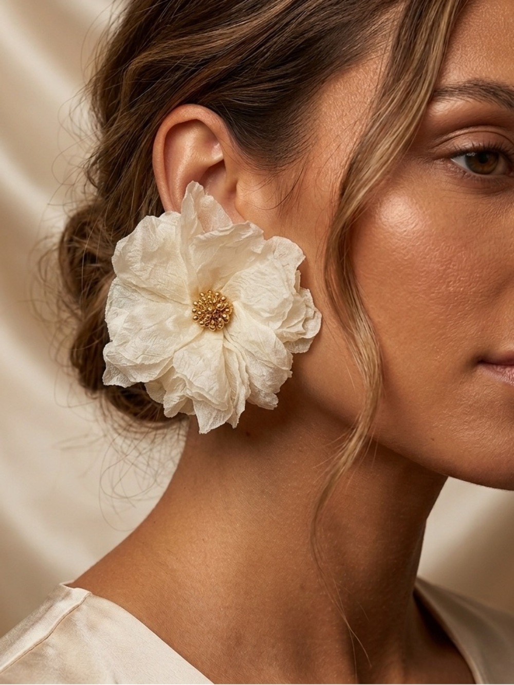 New! Ivory Floral Statement Earrings with Gold Center